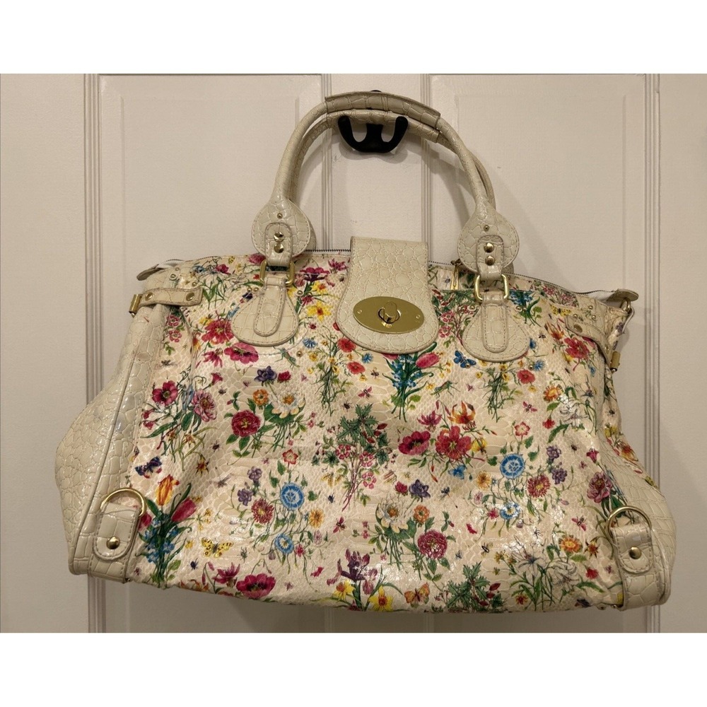 Nicole Lee Large Tote Bag/Purse Cream w Floral Design